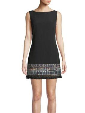 Milly Black Sleeveless Shift Dress with Multicolor Tweed Hem